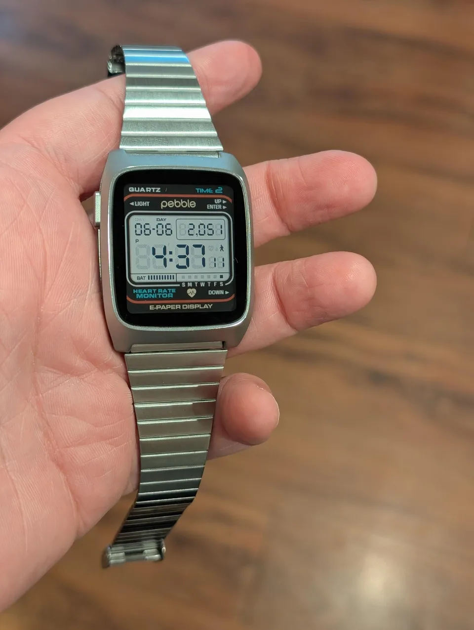 Pebble Time 2 with Casio metal band on wrist