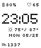 Retro Dot on Pebble 2 in black and white, showing 23:05 with battery, heart rate, weather and date