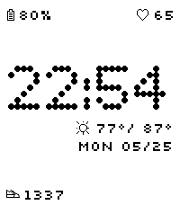 Retro Dot on Pebble Time 2: 22:54 in dot-matrix digits, with 80% battery, 65 bpm, 77°/87° weather, the date and a step count