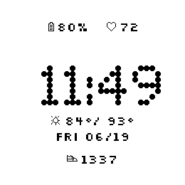 Retro Dot on Pebble Round 2 showing 11:49 in dot-matrix digits with weather and date below