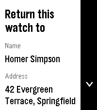 Return to on Pebble Time 2: “Return this watch to”, then Name — Homer Simpson, and Address — 42 Evergreen Terrace, Springfield
