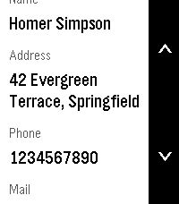 Return to scrolled down on Pebble Time 2, showing the address and a phone number, with up and down scroll hints on the action bar