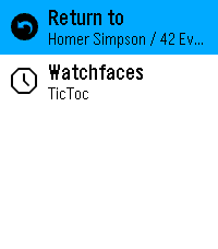 The Pebble Time 2 app launcher with Return to at the top, its subtitle reading “Homer Simpson / 42 Ev…”