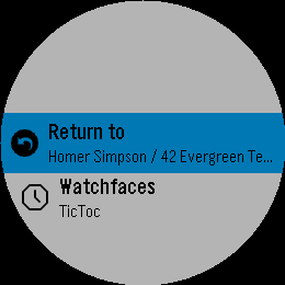 The Pebble Round 2 app launcher with Return to highlighted at the top and the contact subtitle underneath