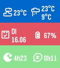 Sidecar on Pebble Time 2: a six-cell grid showing 23°C current weather, a 23°/9° forecast, the date, 67% battery, 4h23 sleep and 8h11 deep sleep