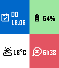 Sidecar on Pebble Time 2: a four-cell grid showing the date, 54% battery, 18°C weather and 6h38 sleep