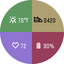 Sidecar on Pebble Round 2: four quadrants showing 78°F, 8420 steps, a heart rate of 72 and 80% battery